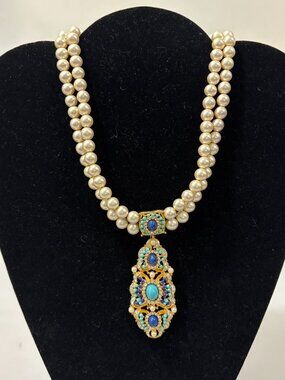 Double Strand Faux Pearl 16" Choker Necklace Turquoise Blue Beads 2.5" Pendant